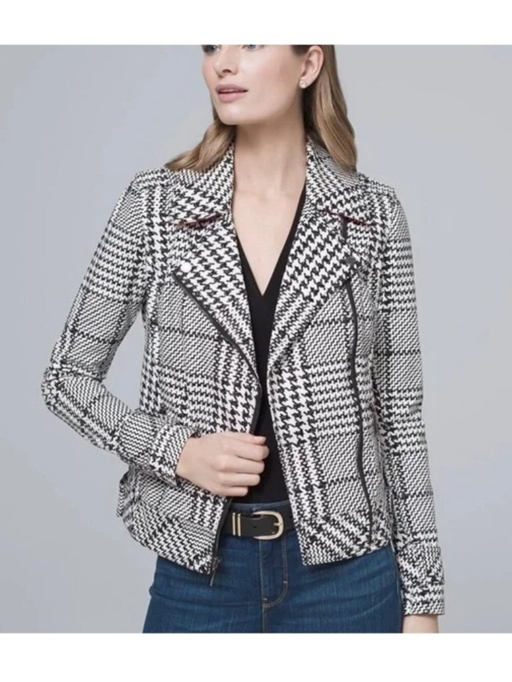 White House Black Market Black and White Houndstooth Moto Jacket